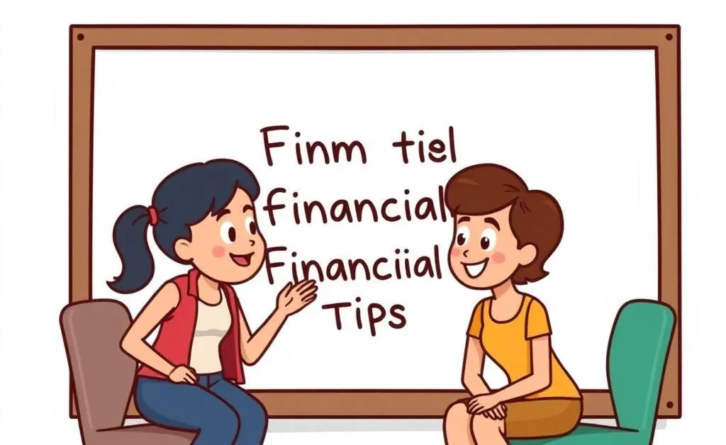Two people discussing financial tips with a whiteboard