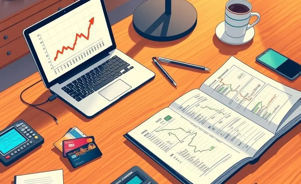 Illustration of a desk with financial tools, credit cards, a laptop, and a planner