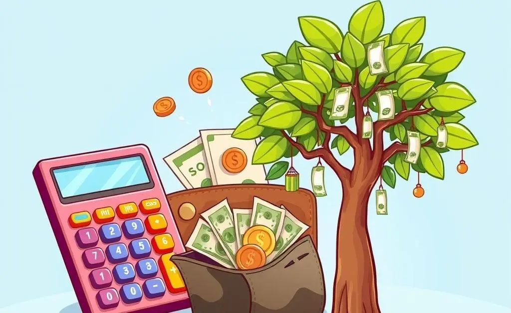 Cartoon image featuring a variety of financial tools like a calculator, a wallet, and a money tree.