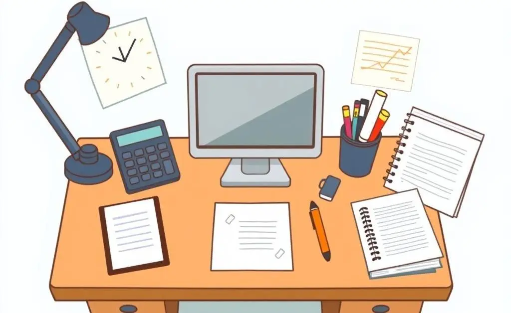 A desk with financial tools like a calculator and notebooks.