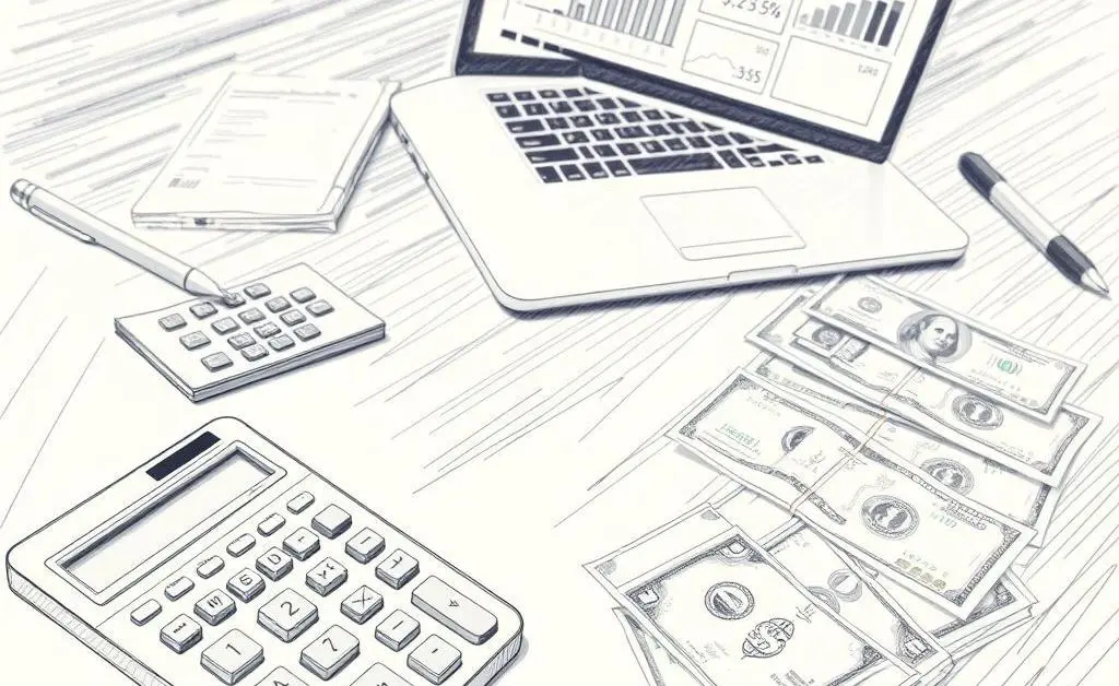 Various financial tools like a calculator, laptop, and bills on a table.