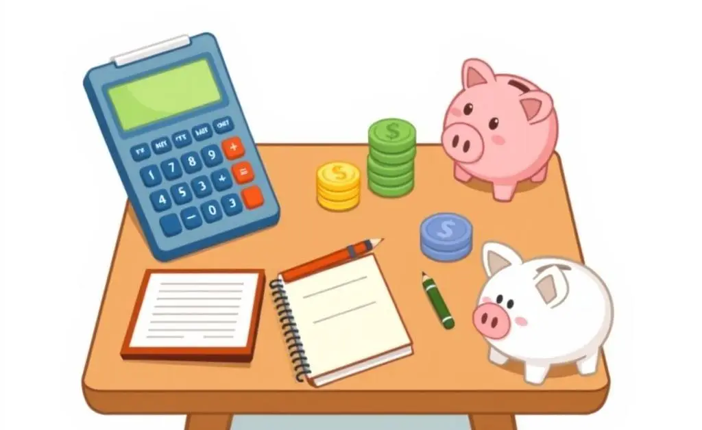 A table with financial tools like a calculator, notebook, and piggy bank.