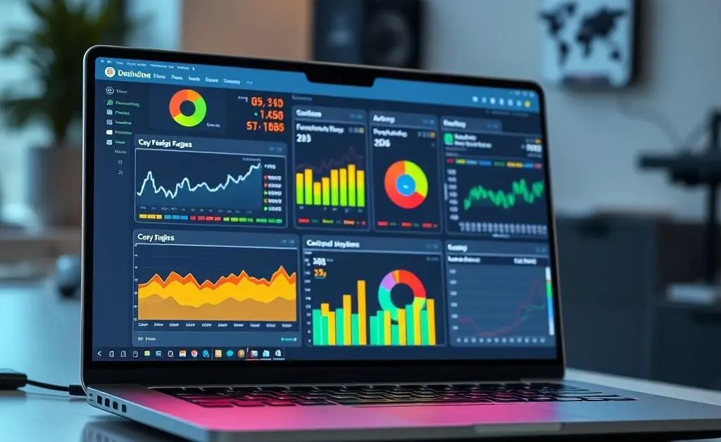 Laptop showing financial graphs and charts.