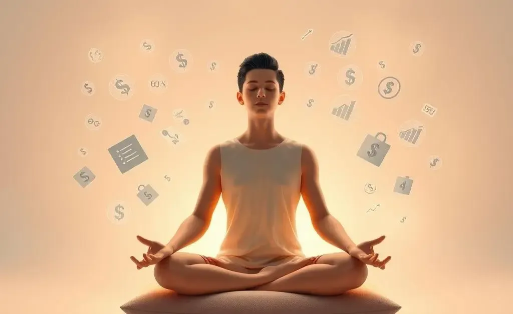 Person meditating surrounded by financial symbols.