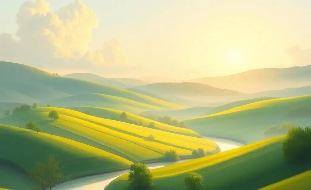 A calming scene of a peaceful landscape with financial symbols subtly incorporated.