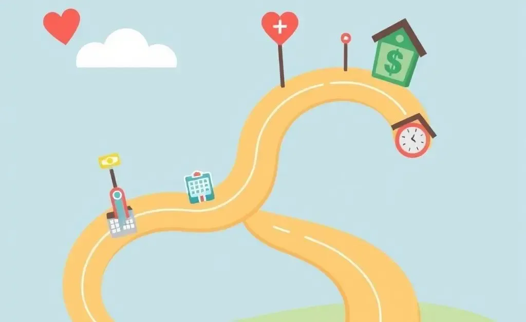 Winding path with healthcare and budget icons representing a journey