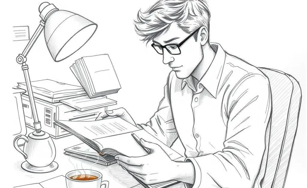 A hand-drawn illustration of a person sitting at a desk planning finances with a notebook and coffee