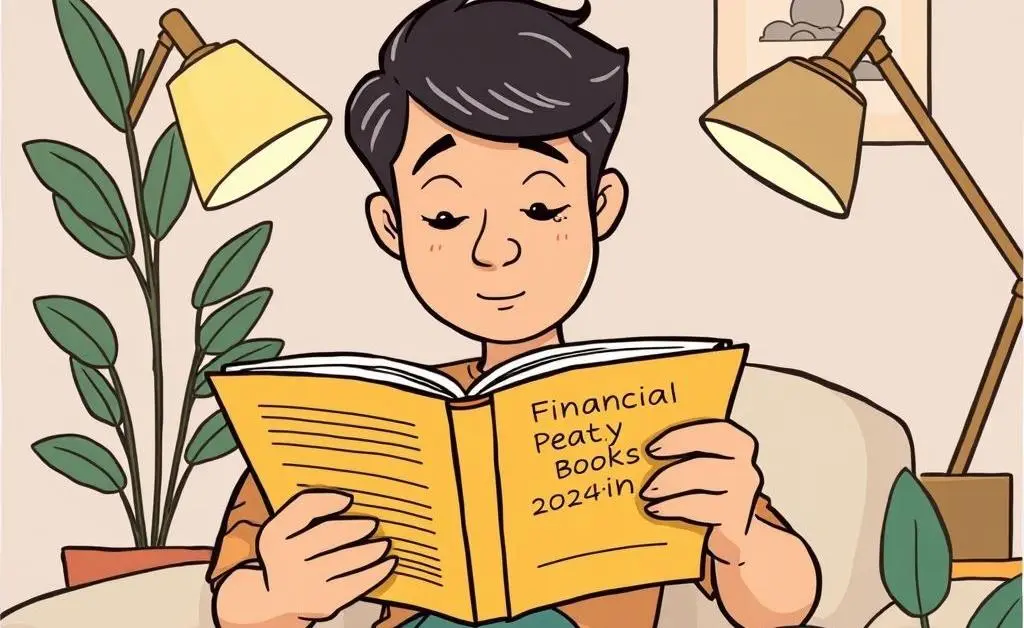 Cartoon of a person reading a financial behavior book in a cozy setting.