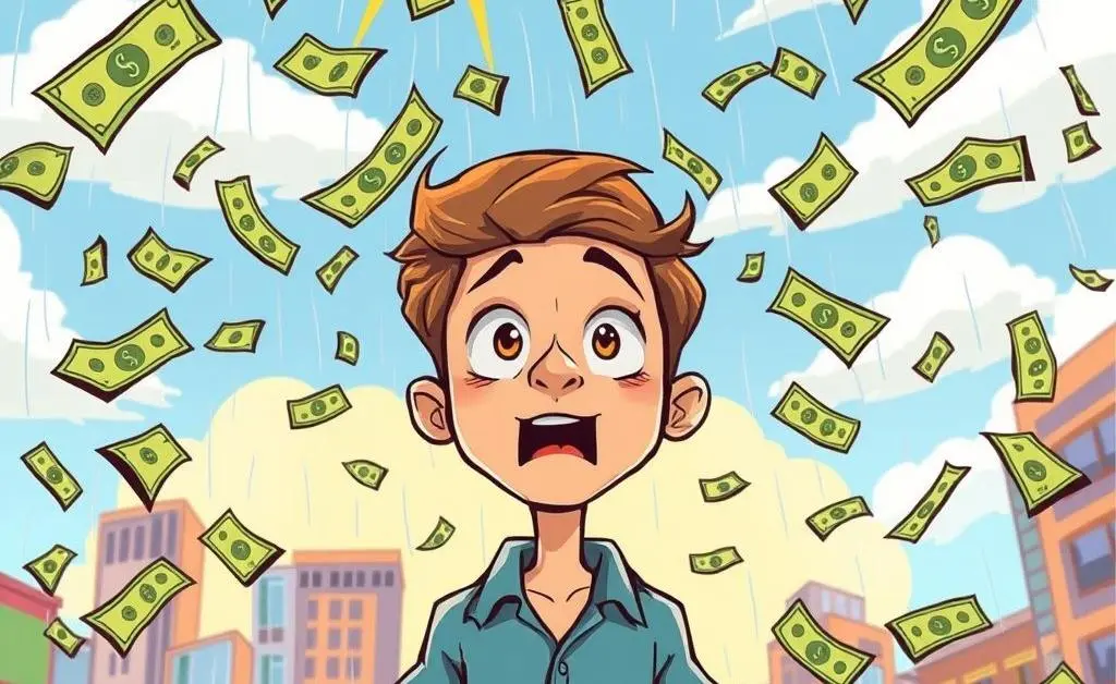 A cartoon image of a person standing under a sudden rain of money, looking overwhelmed.