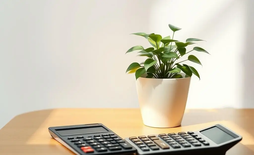 A tranquil desktop with a plant and calculator, representing financial planning.