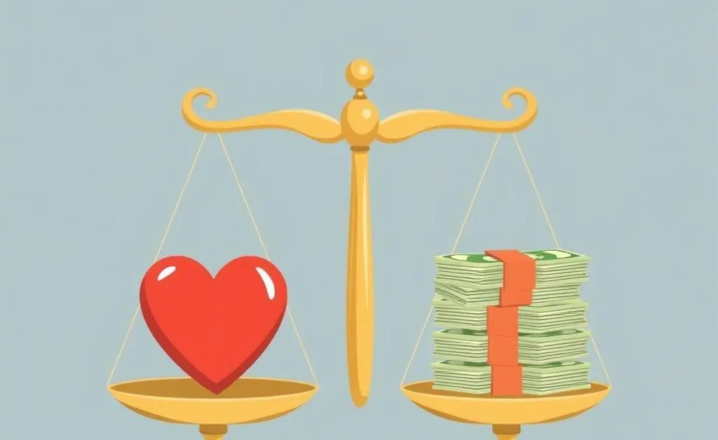Illustration of a scale balancing a heart on one side and a stack of money on the other.