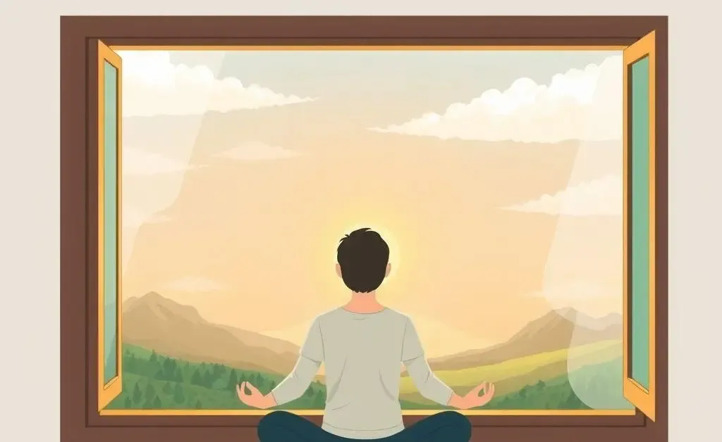 Illustration of a person meditating or relaxing by a window with a serene landscape