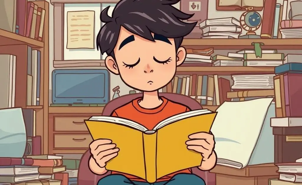 Cartoon-style image of a person peacefully reading a book in a cluttered room.