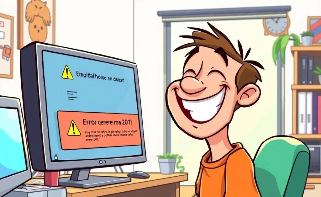 Someone laughing at a computer screen showing an error message.