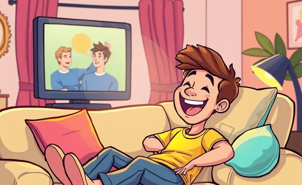 Person relaxing on a sofa, watching a comedy show while laughing