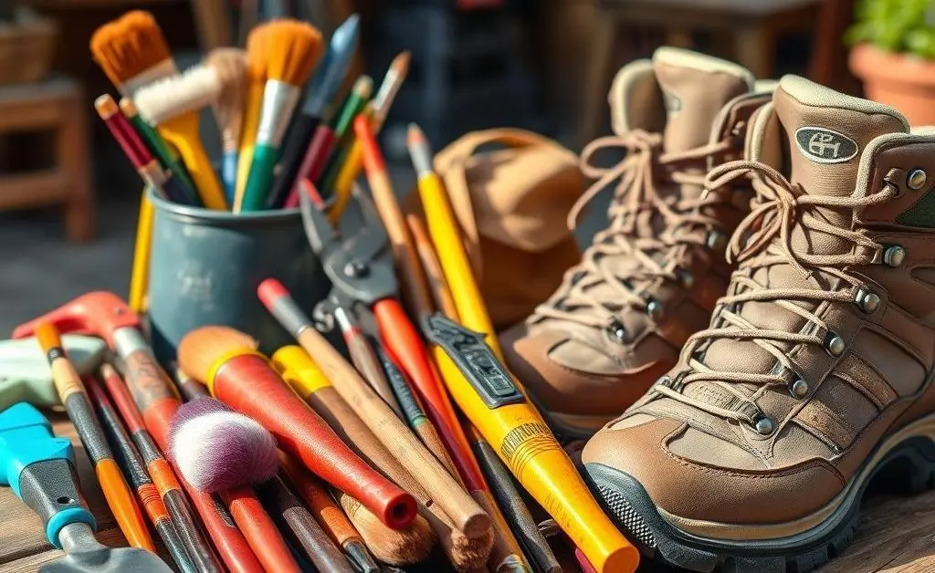 Tools for various hobbies on a table.