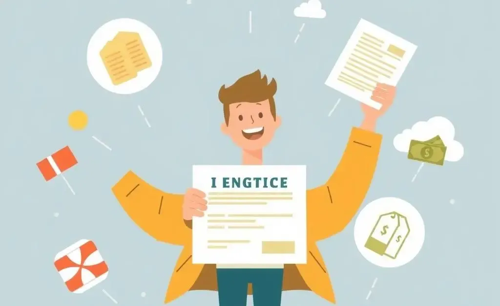 Person triumphantly holding an insurance policy, surrounded by symbolic coverage images