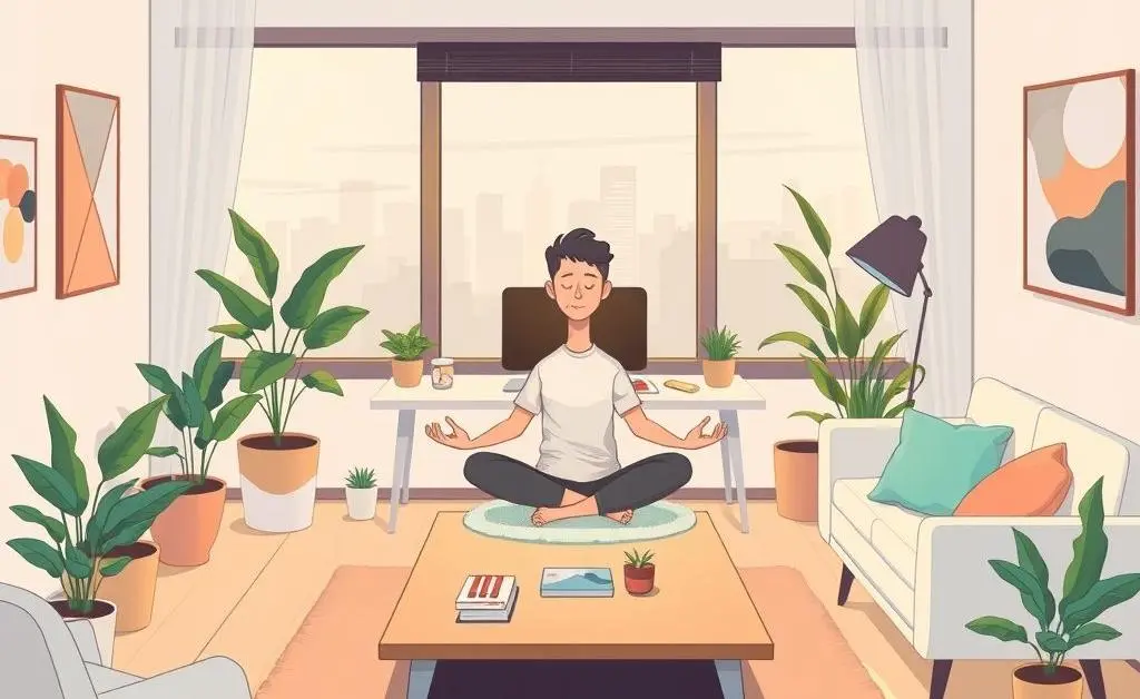 Cartoon of a person meditating in an office, creatively merging a living room and workspace.