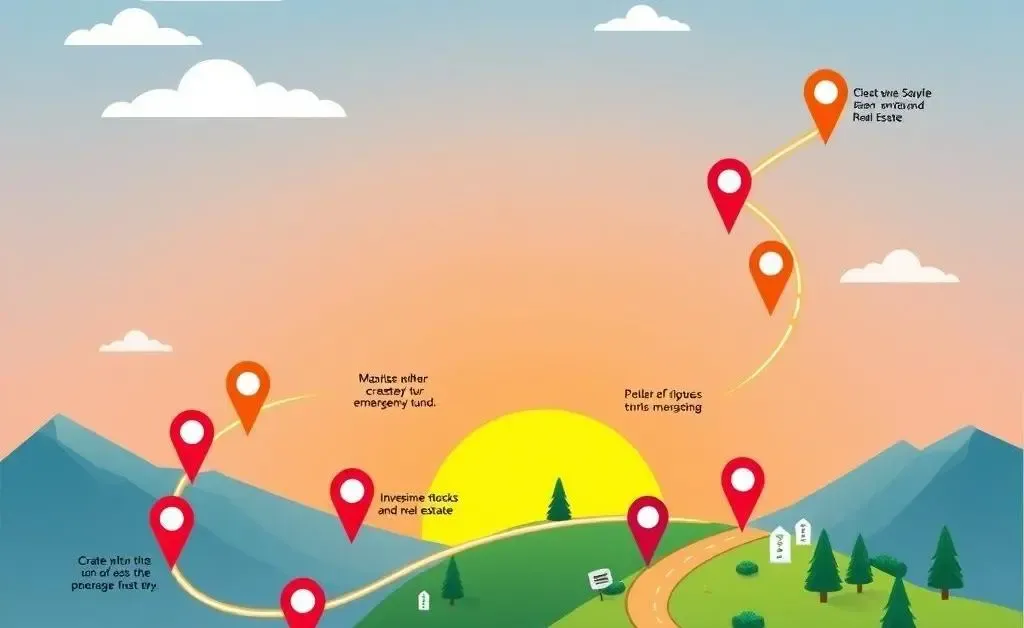 A stylized map representing the journey to FIRE with markers for milestones along the path.