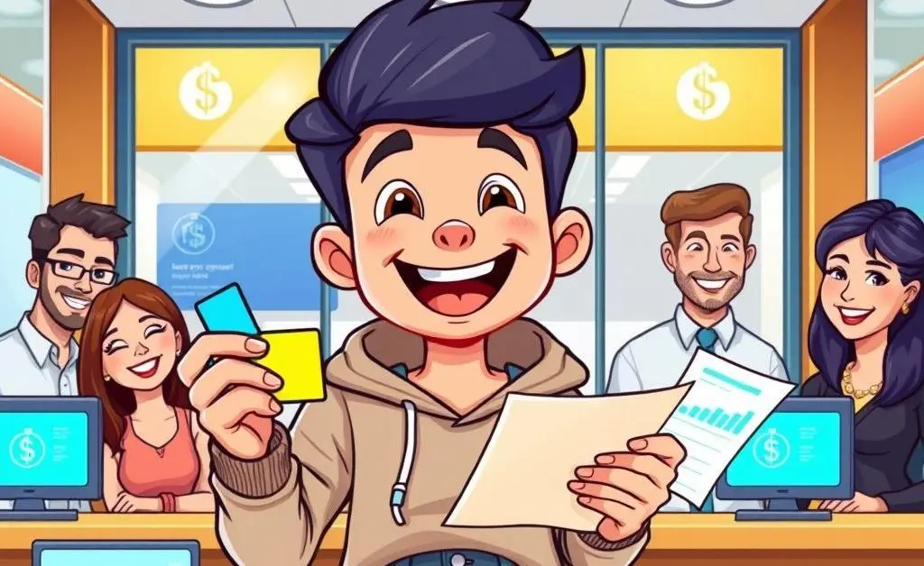 A young adult happily opening their first bank account.