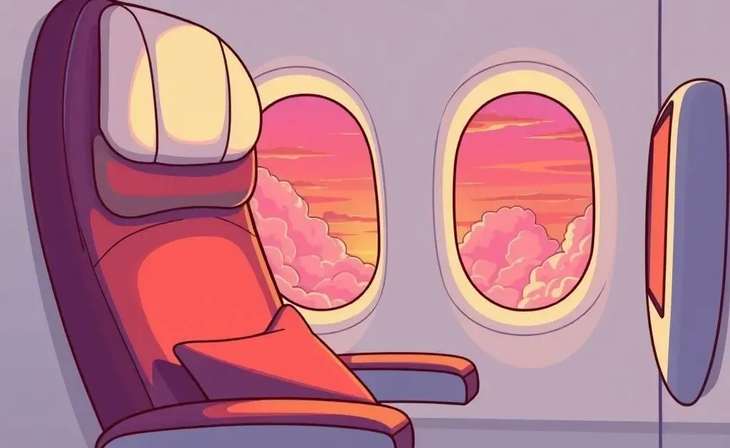 Cartoon-style depiction of a comfortable first-class airplane seat with a window view of a sunset.