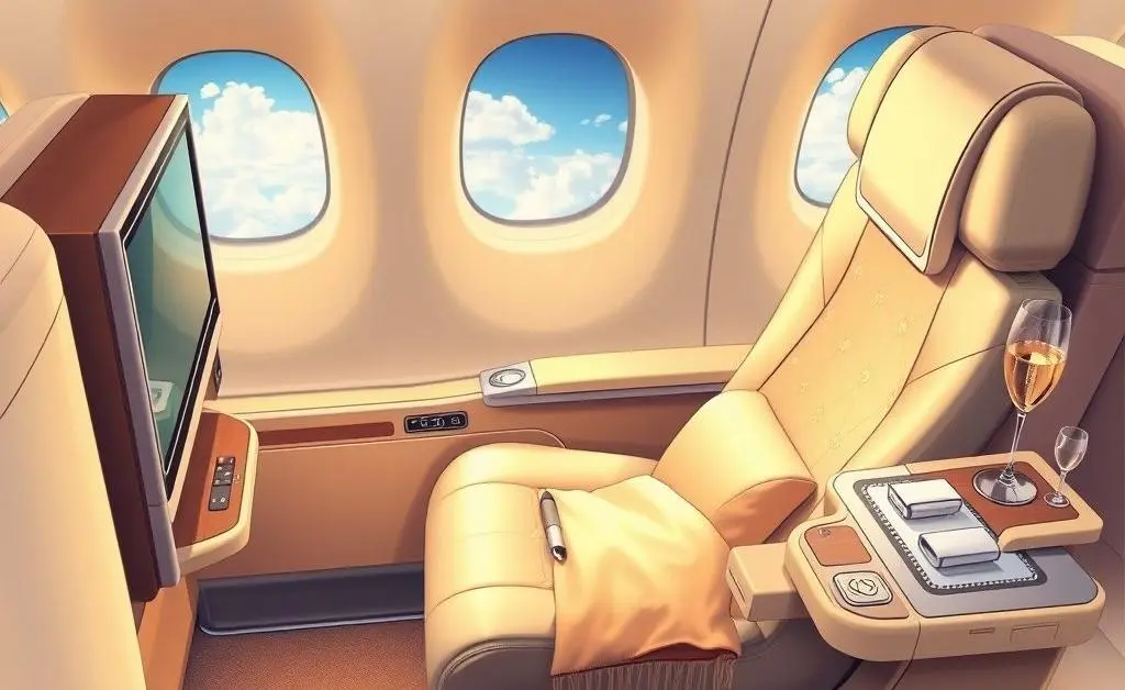 Illustration of a first-class airplane seat with comfort amenities