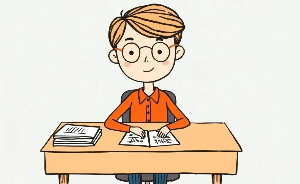A hand-drawn style image of a person on their first day at work, sitting at a desk with paperwork