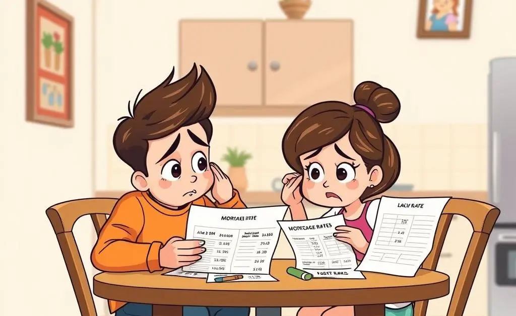 A relatable story depicted in cartoon-style about someone dealing with mortgage rates for their first home.
