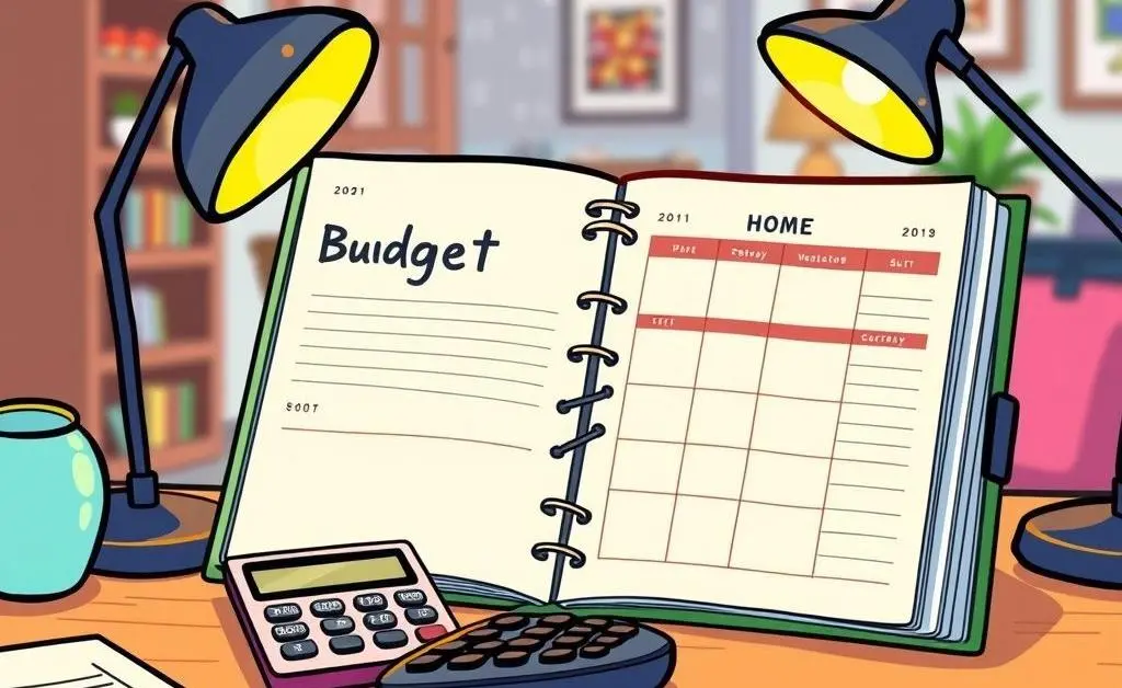 Cartoon-style drawing of a desk with a budget planner and calculator, emphasizing financial planning for home buying.