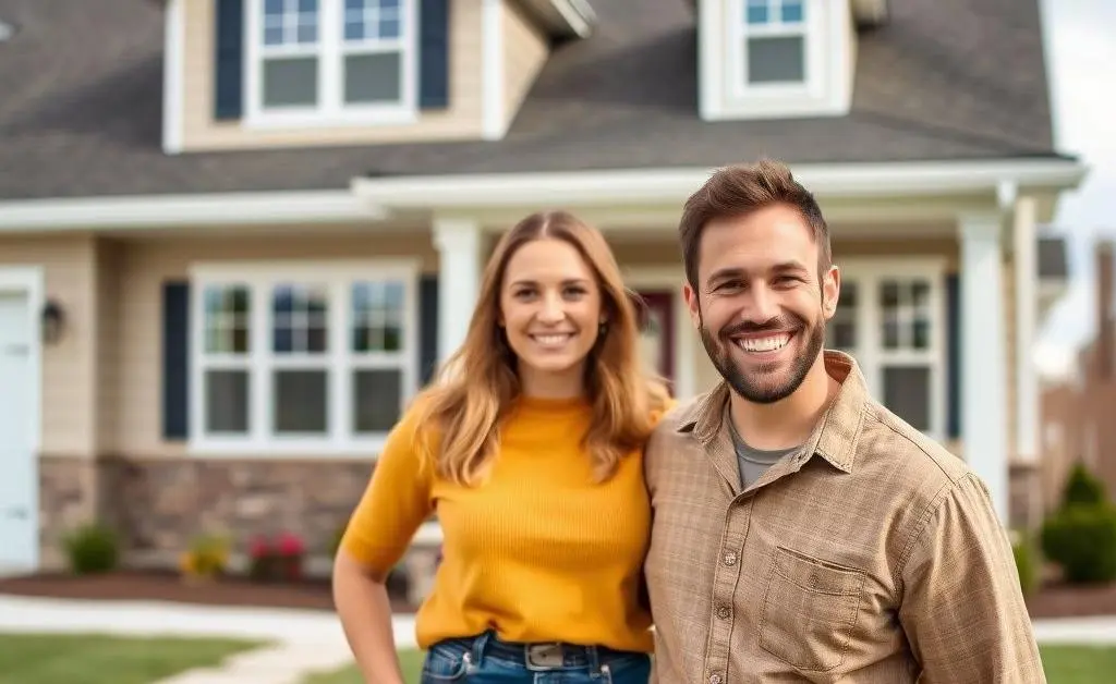 A happy first-time homebuyer standing in front of a new house with a smile.
