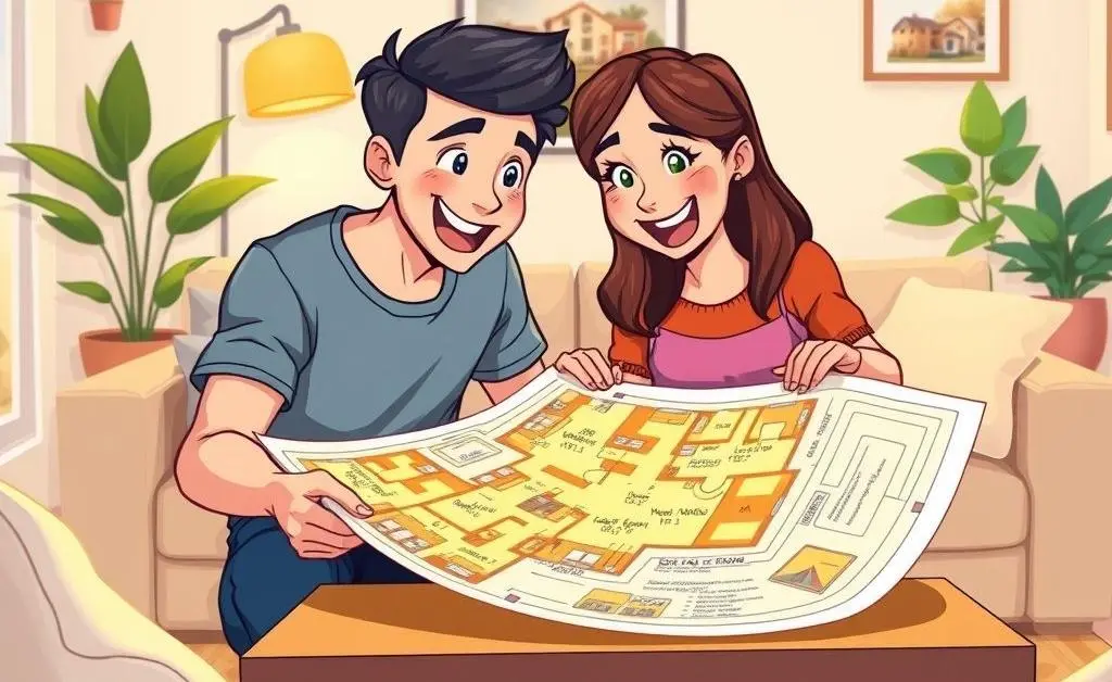 A cartoon-style image of a young couple examining a house blueprint in their living room.