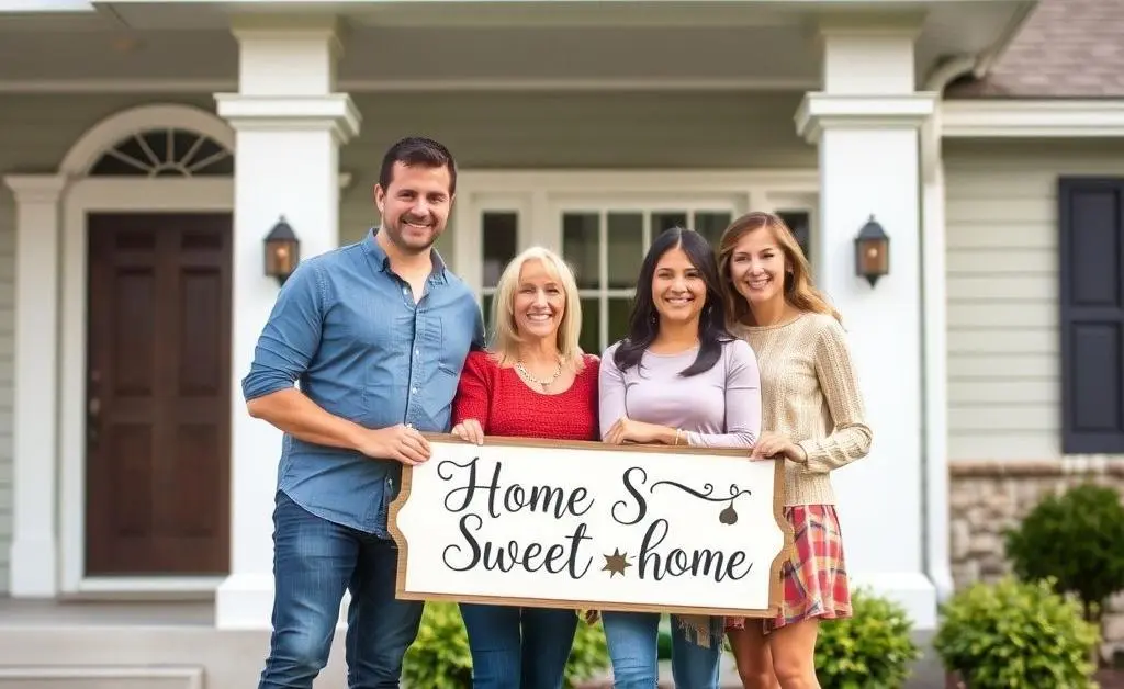 A family happily standing in front of their new home, holding a 'Home Sweet Home' sign.