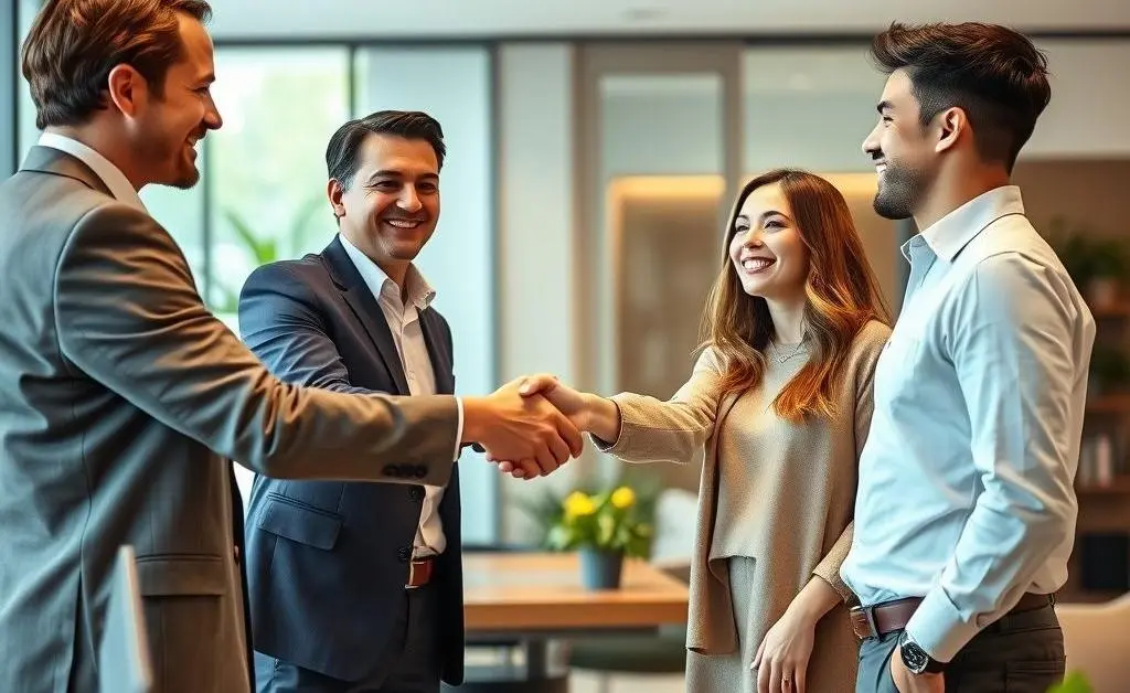 A friendly banker shaking hands with a young couple in a welcoming office setting.