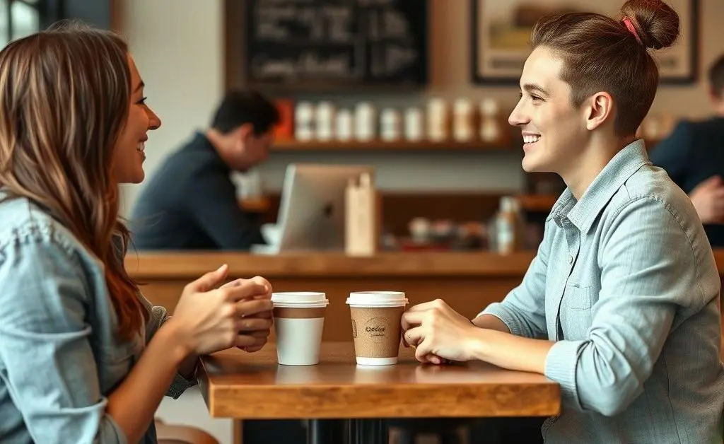 A casual, friendly conversation in a coffee shop setting