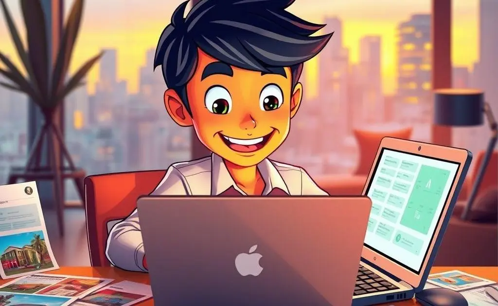 Animated character using a laptop, surrounded by real estate listings and financial documents