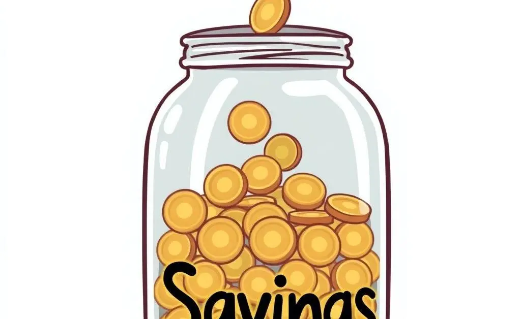 An illustration of a jar labeled 'Savings' with coins being dropped in.