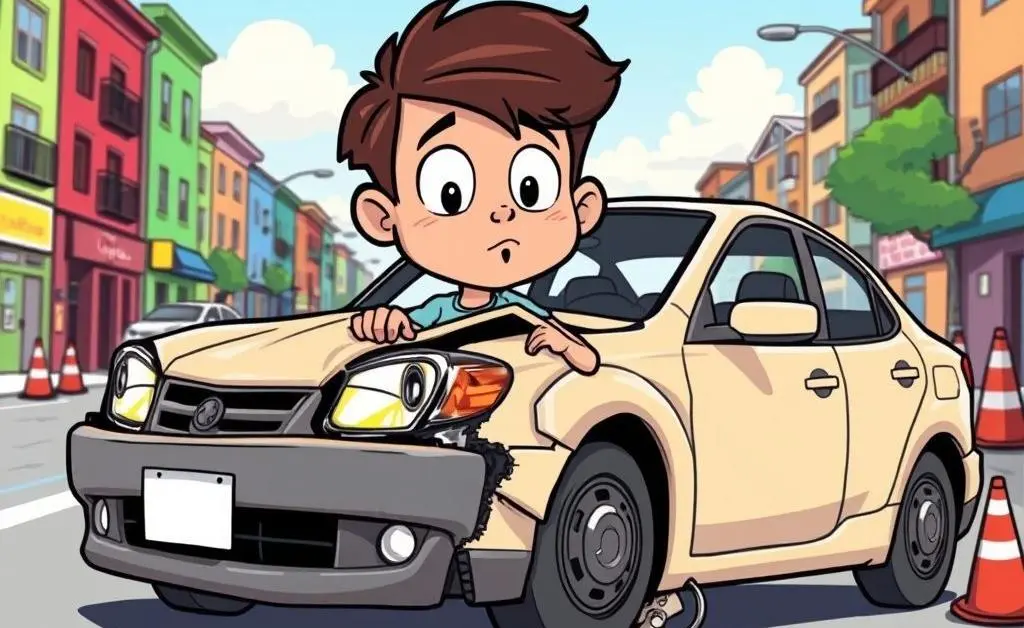 Cartoon-style depiction of a young driver at the scene of an accident looking at their car damage.