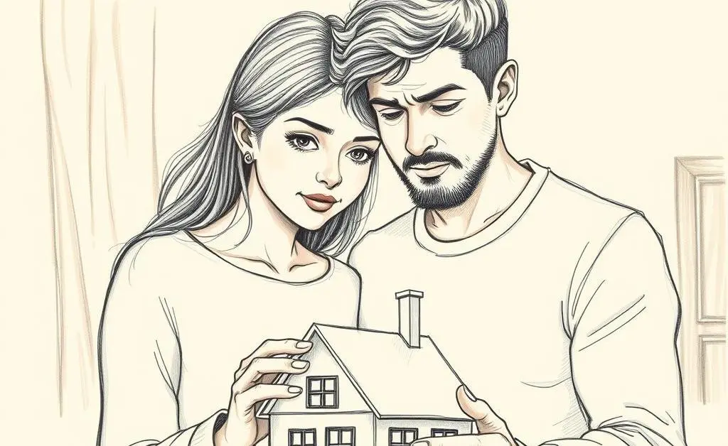 Couple looking at a house model with mixed emotions