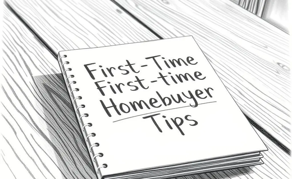 Guidebook labeled 'First-Time Homebuyer Tips' on a wooden table