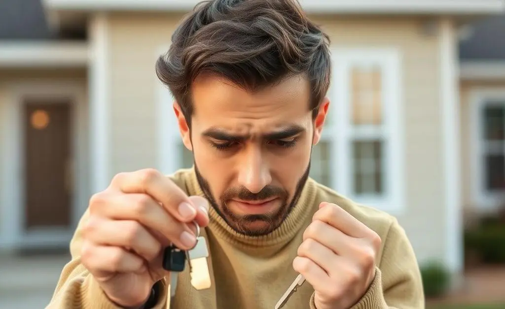 A first-time homebuyer holding keys and looking stressed.