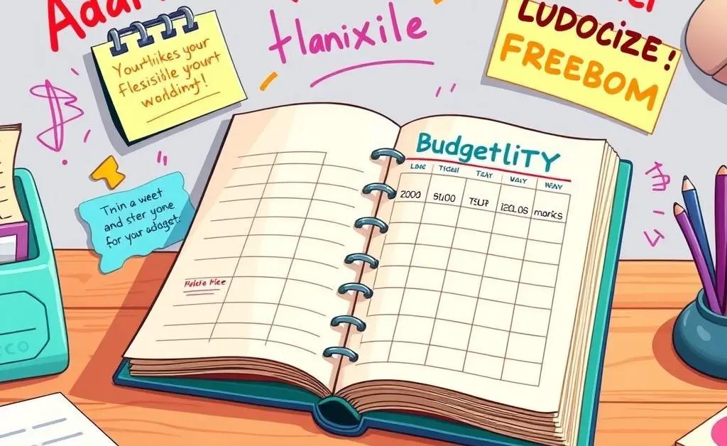 A budget planner on a desk with notes on flexibility.