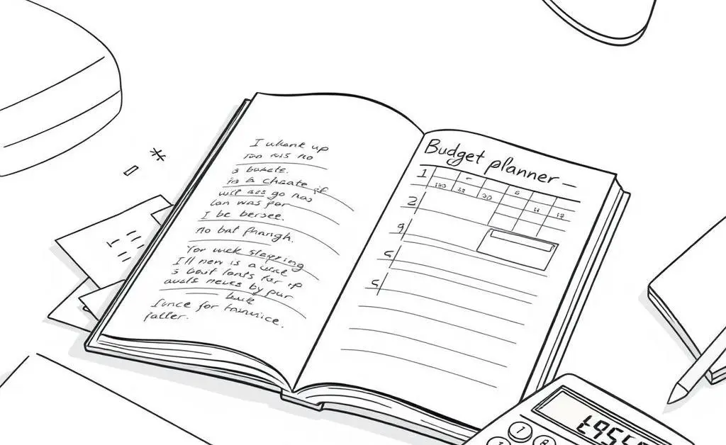 Open budget planner with calculator on desk