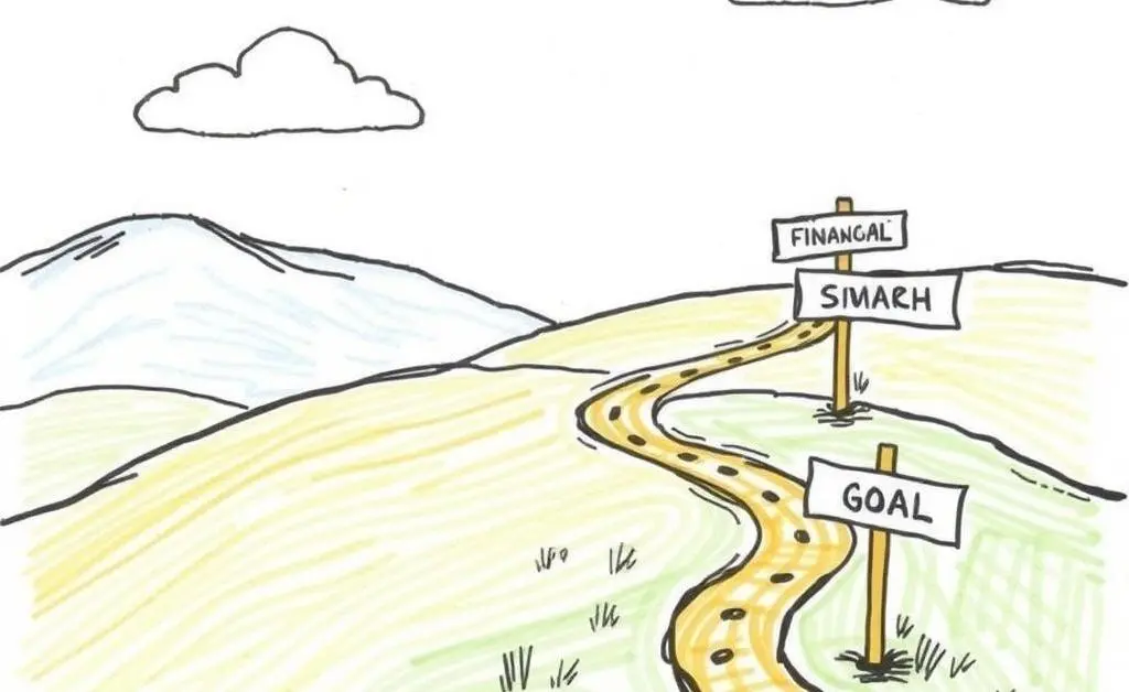 Hand-drawn image of a path winding through a financial landscape with signposts for different goals.