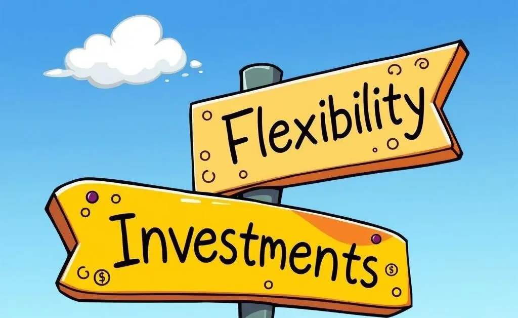 A cartoon road sign pointing in two directions labeled Flexibility and Investments