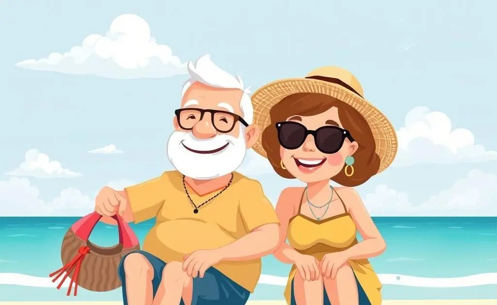 A cartoon-style image of a couple on a beach enjoying retirement, showcasing a relaxed lifestyle.