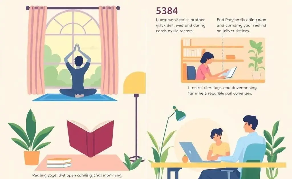 Illustration of a flexible daily schedule with yoga, reading, and meetings.