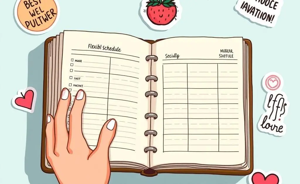A hand holding an open planner with flexible schedule notes