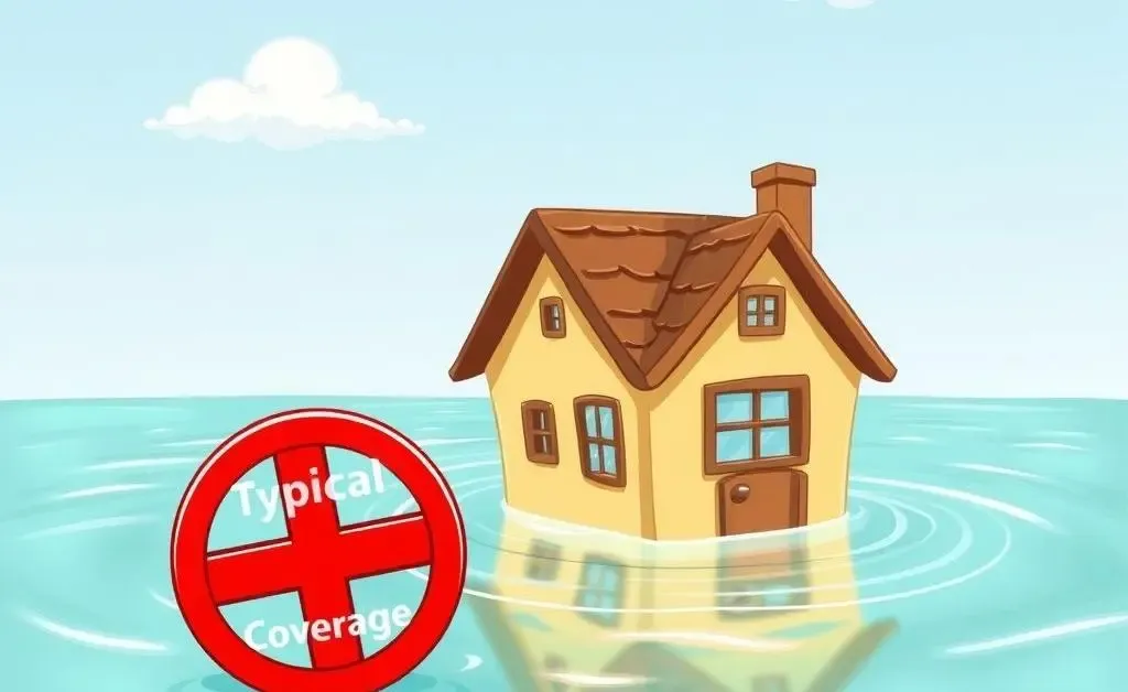 Cartoon-style image of a house partially submerged in water with a red cross indicating typical non-coverage.