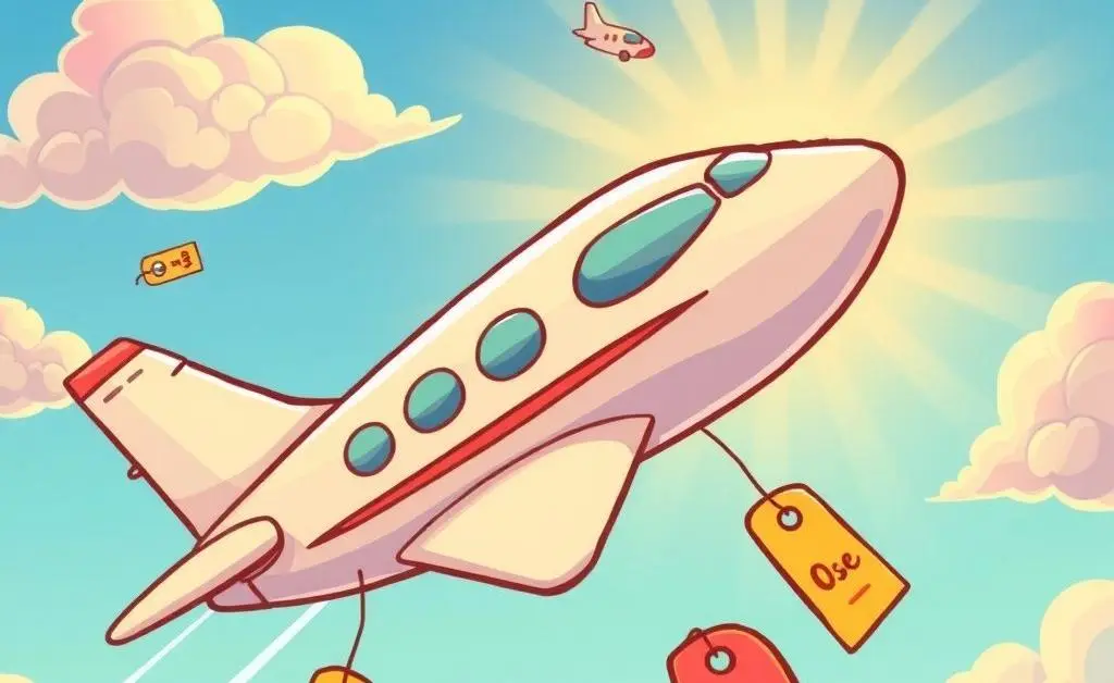 A playful cartoon illustration of an airplane flying smoothly with price tags.