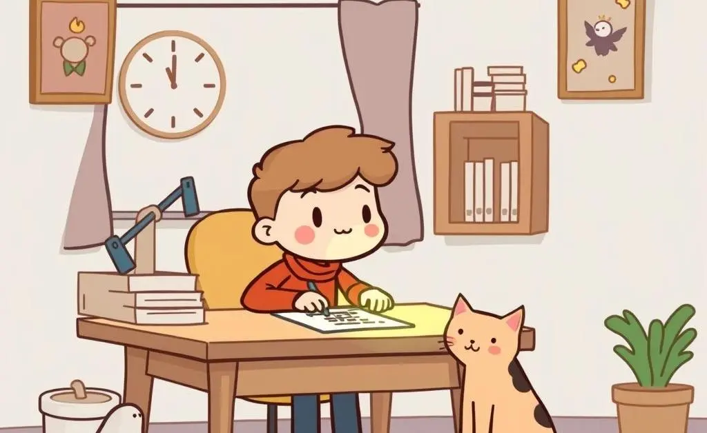 A cozy cartoon-style scene with a character working at their desk, accompanied by a cat sitting nearby, representing a calming working environment.